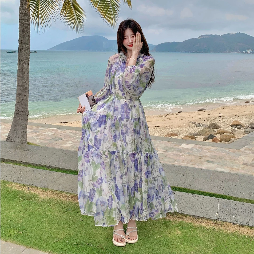 超好看设计感显瘦花裙子春夏新款田园风浪漫印花宽松大摆连衣裙女