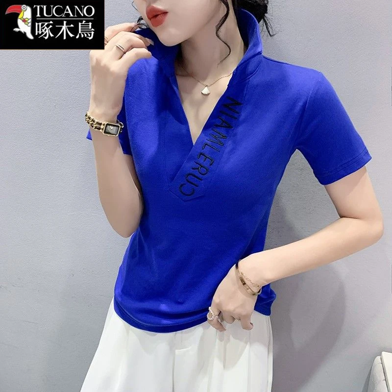 啄木鸟新款短袖拼接翻领刺绣上衣女2025年夏季时尚百搭显瘦T恤ins