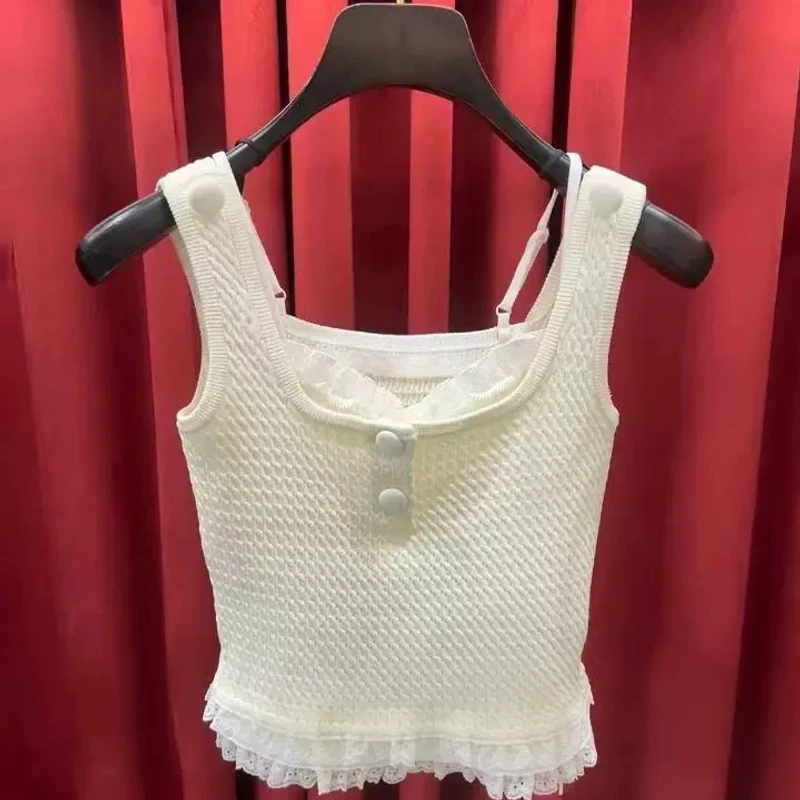 六六专属 法式优雅拼色米白简约针织衫背心2025早春新款吊带