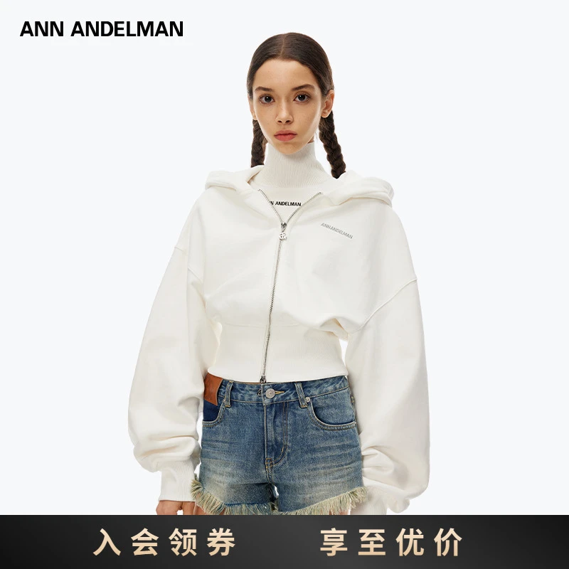 ANN ANDELMAN 白色长袖修身外套短款双开拉链高腰连帽卫衣女