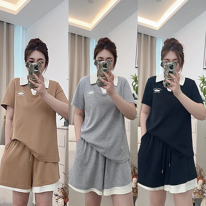 【红袖雨】慵懒风运动显瘦夏季二件套高腰拼接撞色短裤套装242622