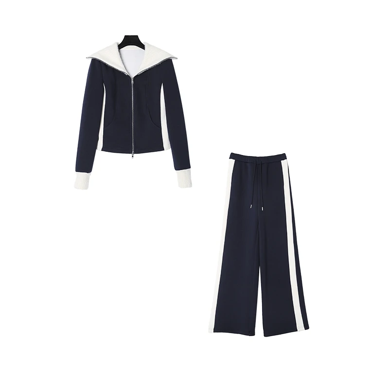 撞色翻领加绒修身时尚套装爆款高端品质春秋冬17090