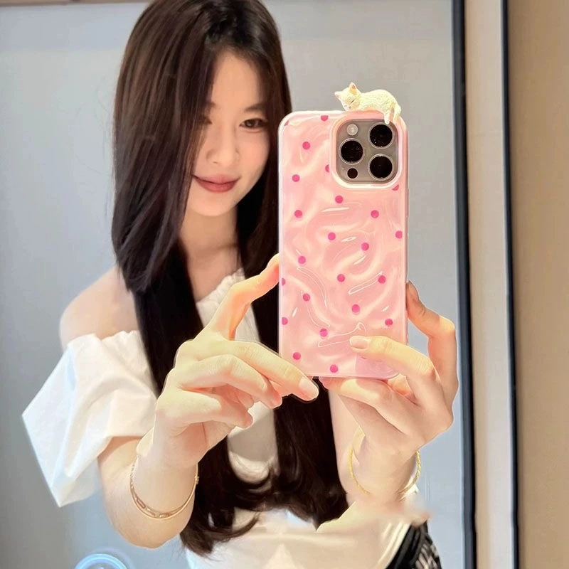 粉波点波浪褶皱壳适用苹果iPhone15手机壳14新款14Pro防摔16少女