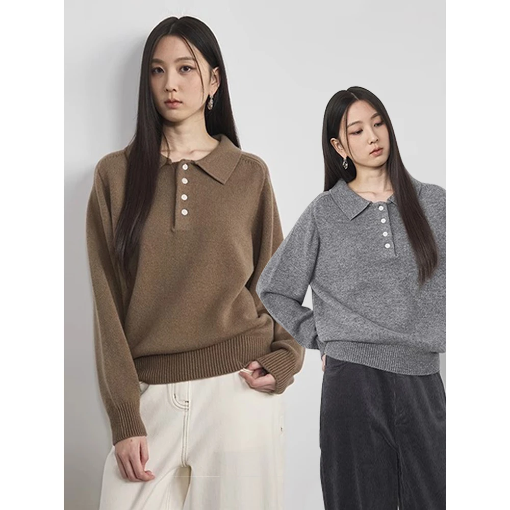 法式复古格雷系灰色polo领毛衣针织衫女秋冬宽松翻领内搭打底上衣