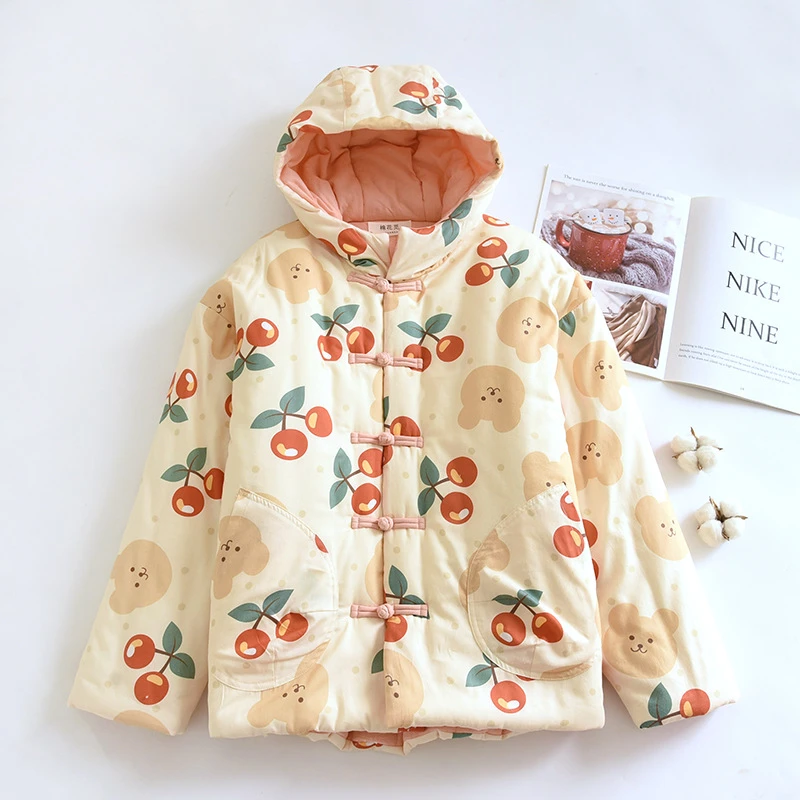 纯手工纯新疆棉花连帽加厚印花卡通冬款外穿樱桃熊