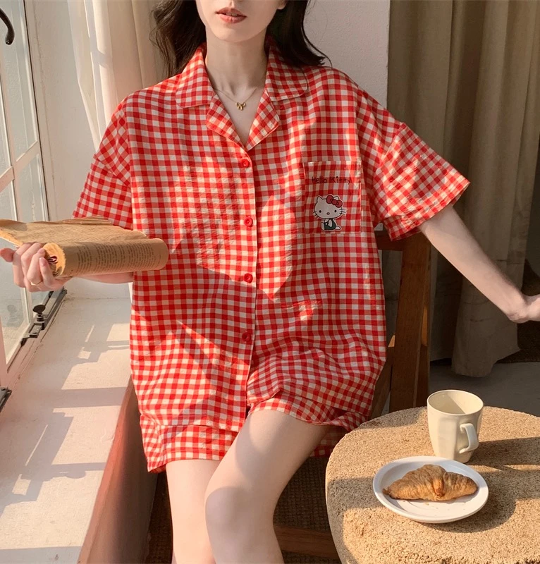 2025新款格子KT猫睡衣女夏季短袖云朵棉开衫卡通家居服套装