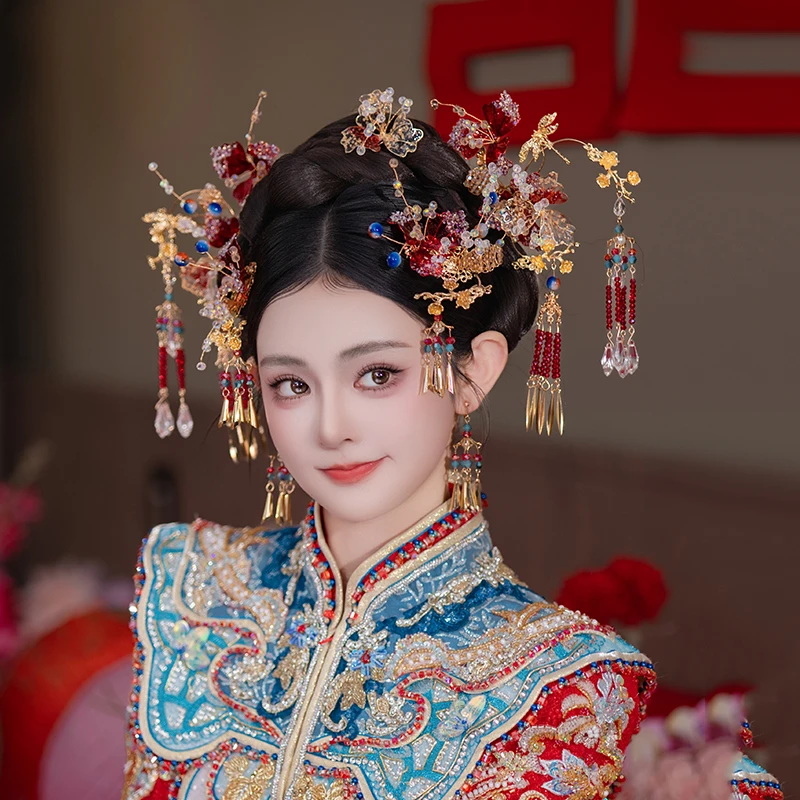 合金婚庆饰品 新娘头饰中式红色流苏簪子秀禾服结婚花朵发饰G0210