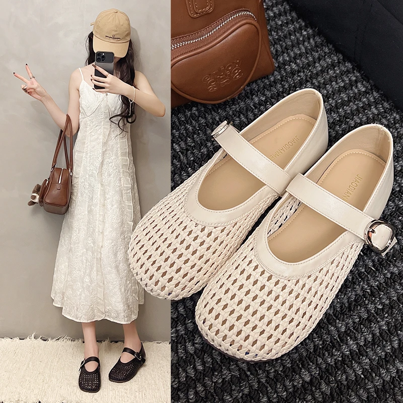 韩版镂空编织一字带玛丽珍小皮鞋2025新款洞洞鞋圆头平底浅口单鞋