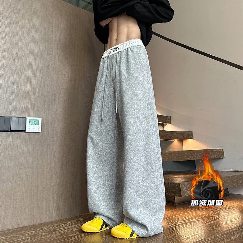 美式高街拼接卫裤男秋冬季加绒加厚潮流宽松垂感百搭休闲阔腿裤