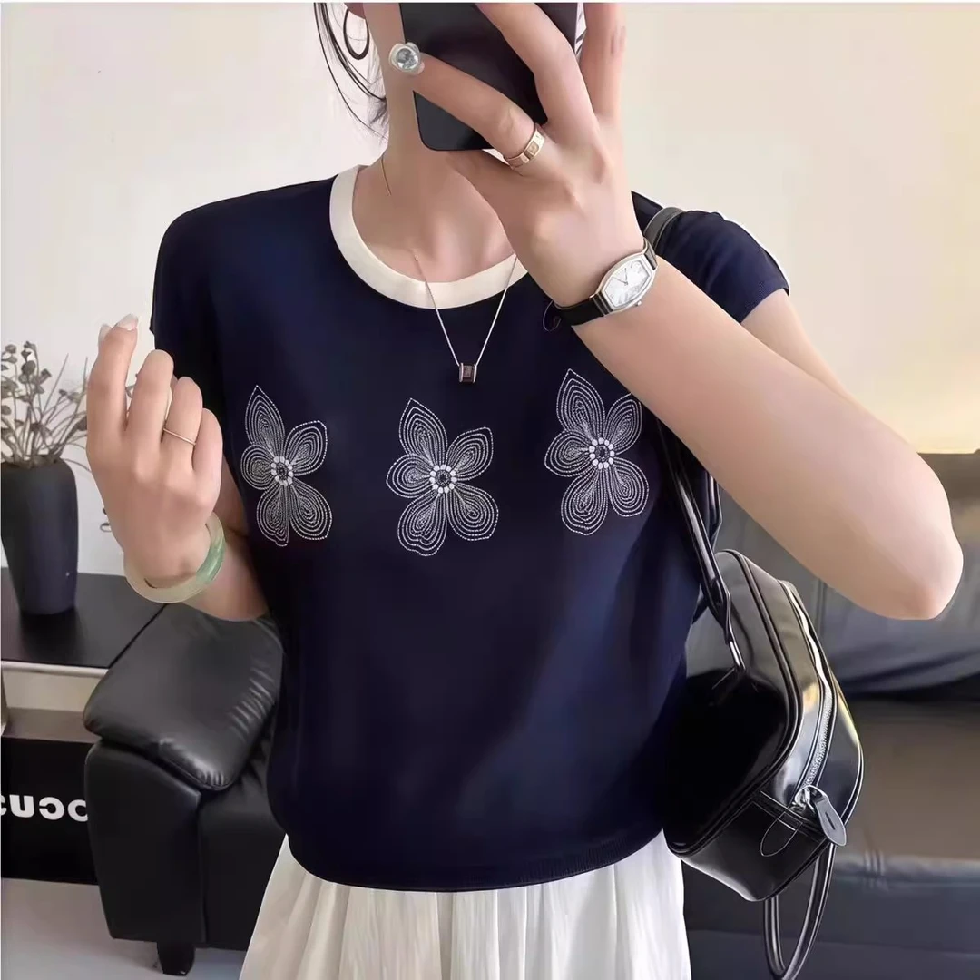 【太阳花】韩系花朵刺绣针织上衣2025夏季新款打底衫显瘦洋气T恤