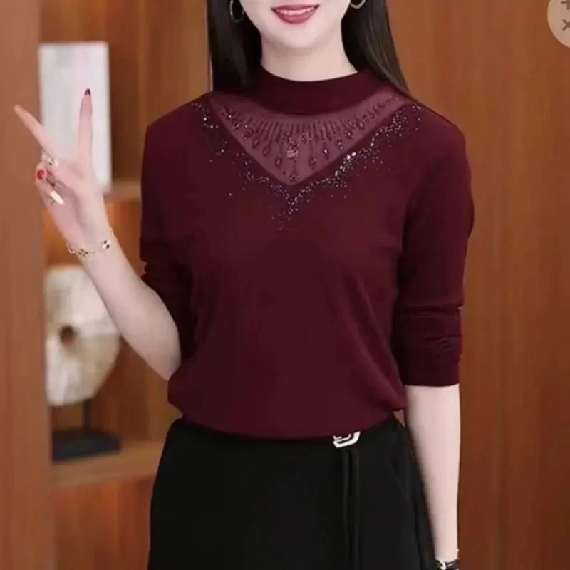 2025时尚减龄秋冬季蕾丝网纱镂空烫钻半高领打底衫