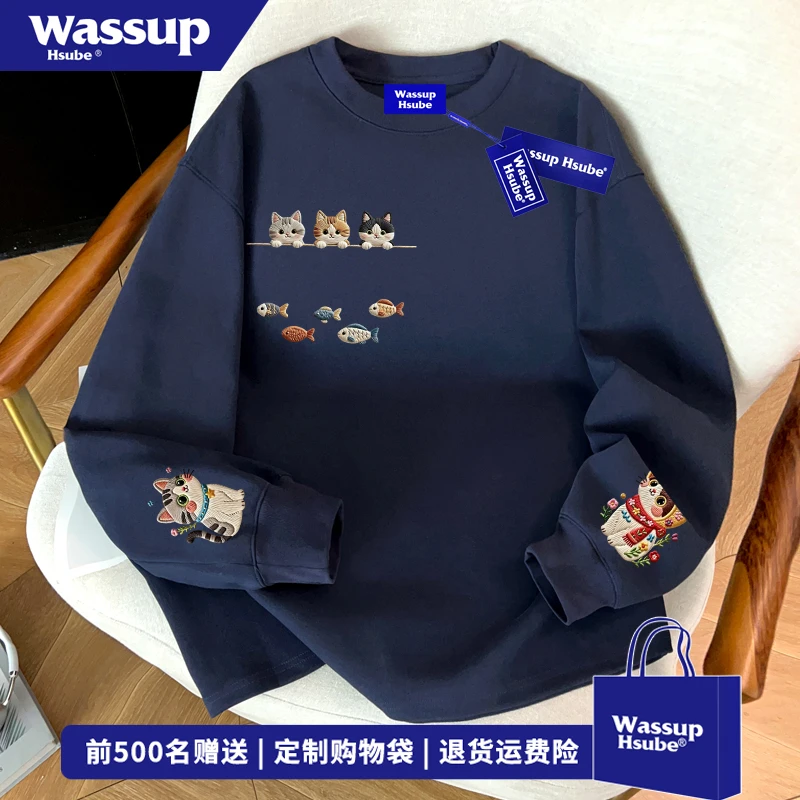 WASSUP HSUBE美式趣味猫咪印花纯棉长袖T恤男休闲百搭藏青色上衣