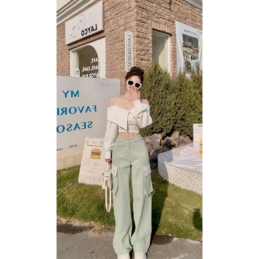 睿夕【前线少女】辣妹工装直筒牛仔裤女早春蕾丝宽松阔腿长裤