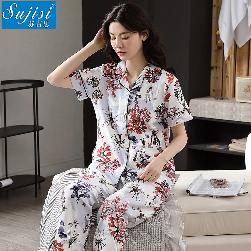 新款睡衣纯棉夏季宽松开衫短袖长裤套装女士薄款印花休闲家居服