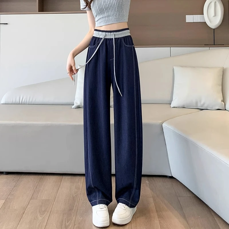 窄版休闲阔腿牛仔裤女2025春夏季薄款高腰垂感宽松显瘦冰丝直筒裤