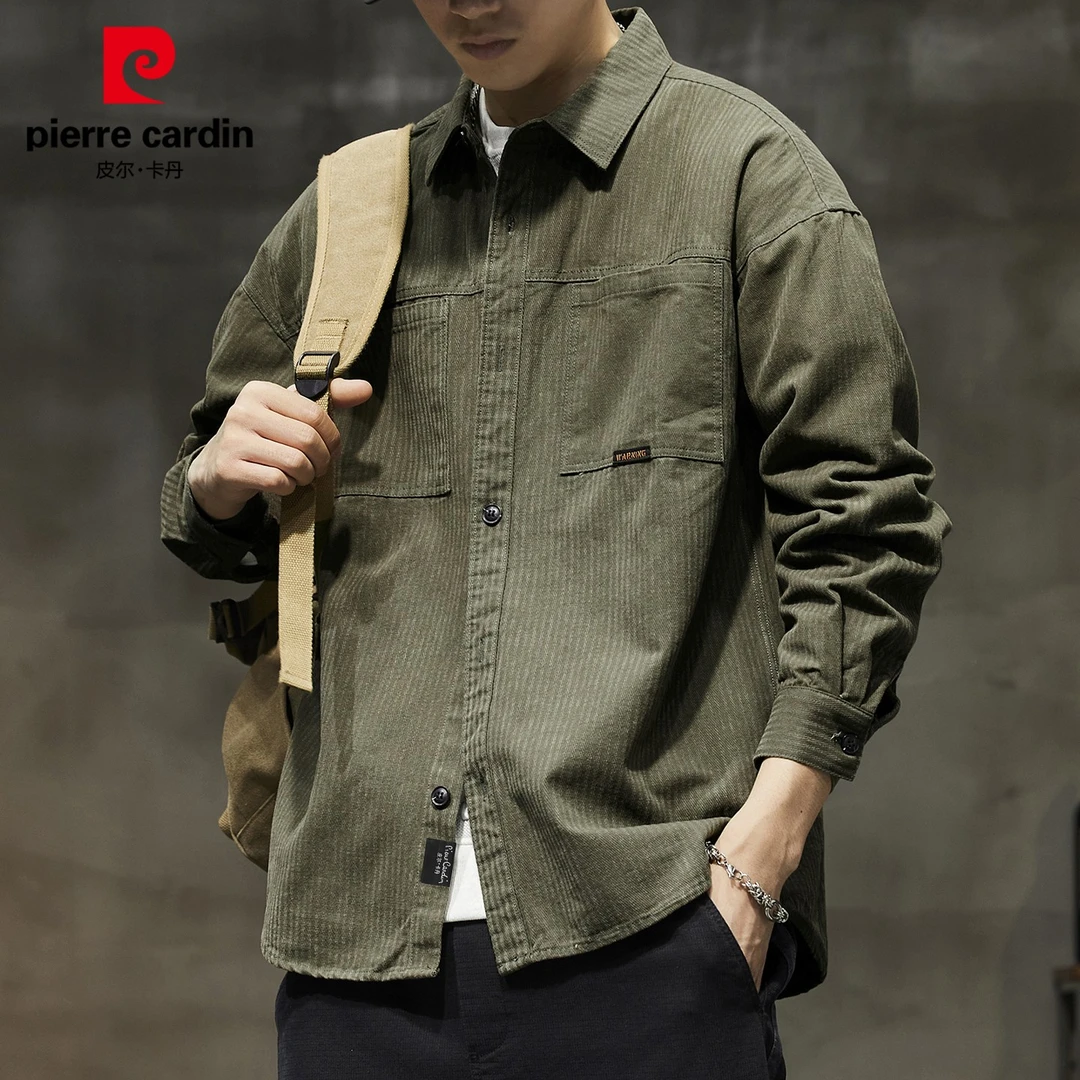 【100%纯棉】皮尔卡丹男士长袖衬衫秋季新款条纹痞帅慵懒风衬衣男装