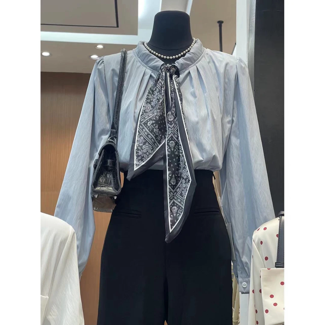 韩国东大门2025年秋季韩版通勤气质设计感丝巾抽绳长袖衬衣
