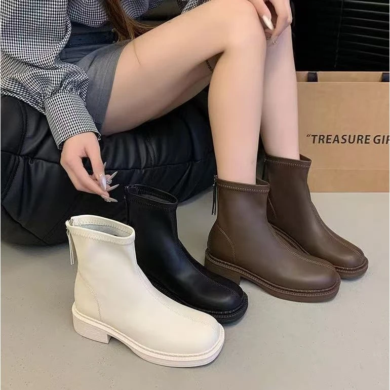 秋冬新款韩版通勤瘦瘦简约粗跟裸靴短靴8081(不加绒)