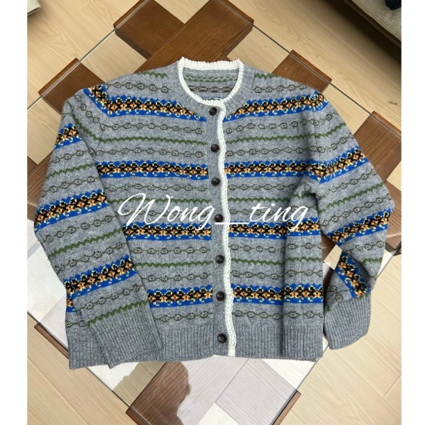 Wong_ting小众设计师费尔岛蕾丝拼接秋冬显瘦百搭绵羊毛开衫12110
