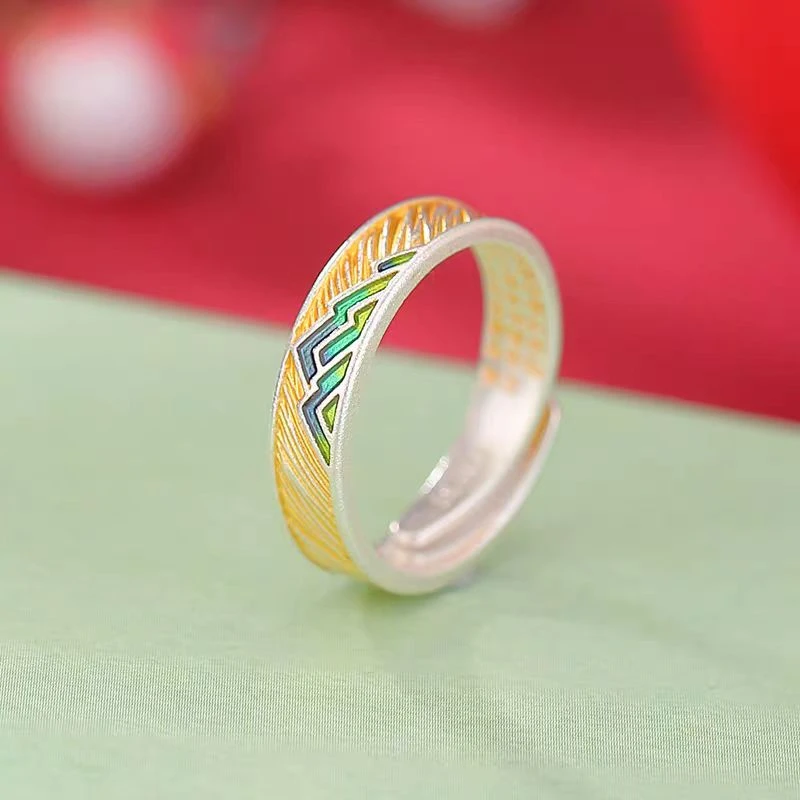 足银戒指 足银9999纯银珐琅千里江山戒指实心开口描金款手工情侣