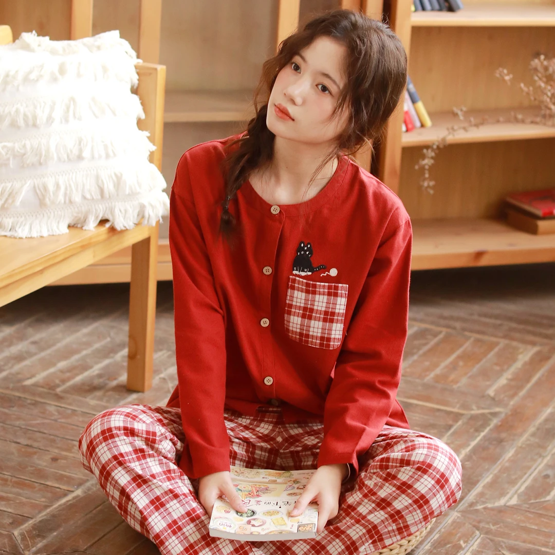 『眠岛』秋冬新款睡衣女纯棉磨毛绒布长袖套装红色可外穿家居服