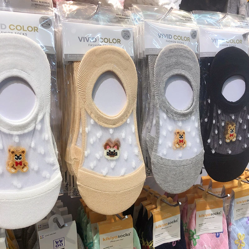 韩国袜子vividcolor进口网纱波点小熊卡通袜女薄棉底防滑隐形船袜