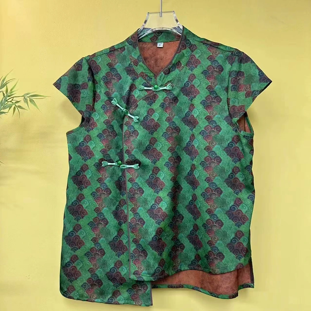 2025夏季薄款时尚洋气提花立领斜门襟国风盘扣高级感显瘦上衣