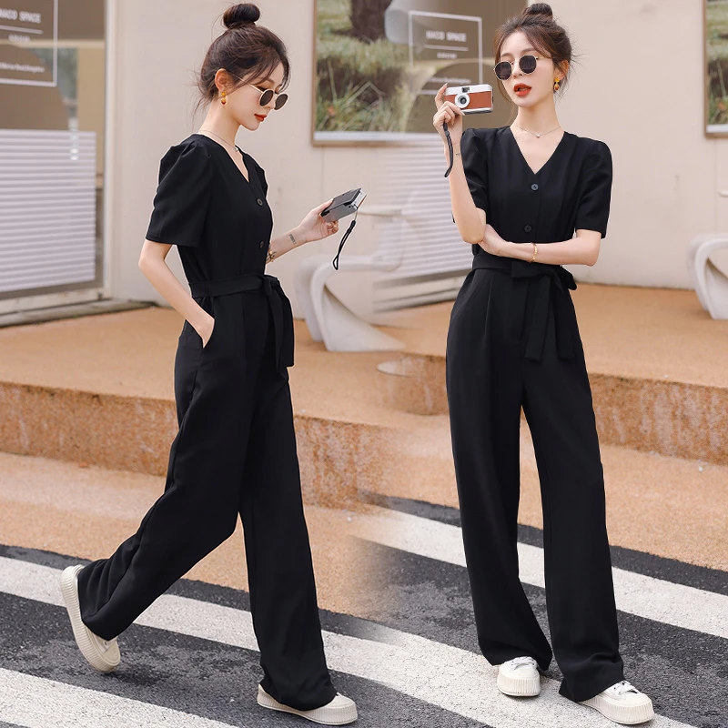 黑色工装连体裤女2025年夏新款宽松高腰炸街网红直筒休闲连衣裤子