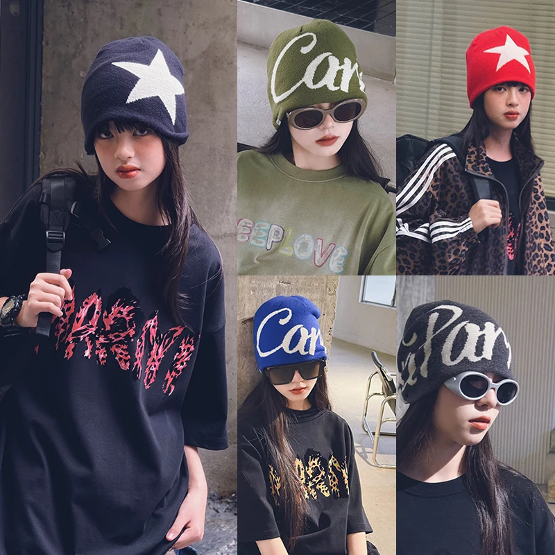 冷大娘秋冬美式双面字母提花针织毛线帽百搭套头保暖时尚帽子亲子