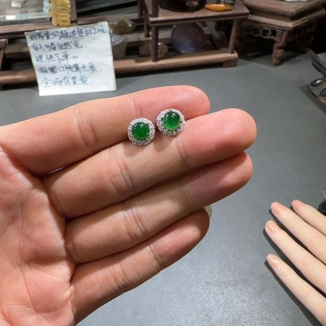 翡翠银S925镶嵌耳饰翡翠危料