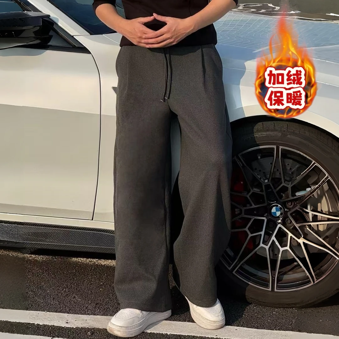 田野冬季混纺重磅加绒捏褶设计直筒宽松型弯刀裤卫裤休闲裤长裤男