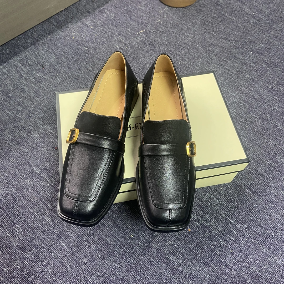 头层牛皮4cm复古方头中跟乐福鞋经典英伦风7678