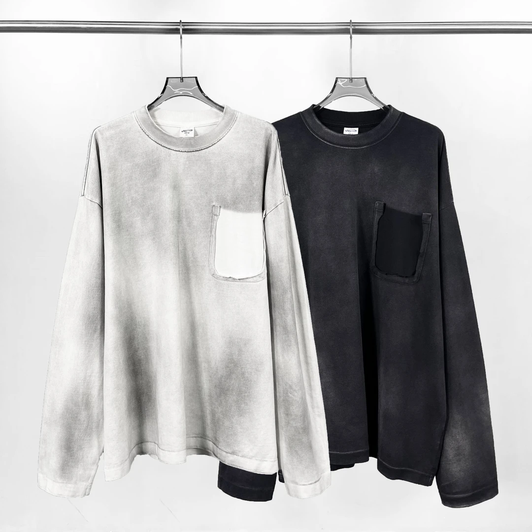 美式脏染喷马骝做旧长袖t恤vintage高街宽松cleanfit百搭打底T恤