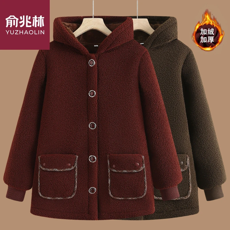 妈妈冬装颗粒绒加绒加厚棉衣外套中老年女装秋冬季羊羔绒连帽棉袄