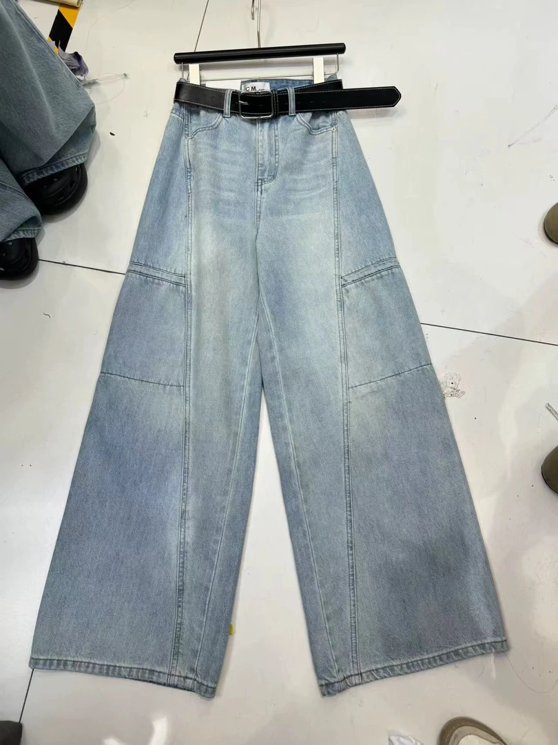 大码侧口袋设计感工装阔腿女牛仔裤夏季百搭宽松拖地裤