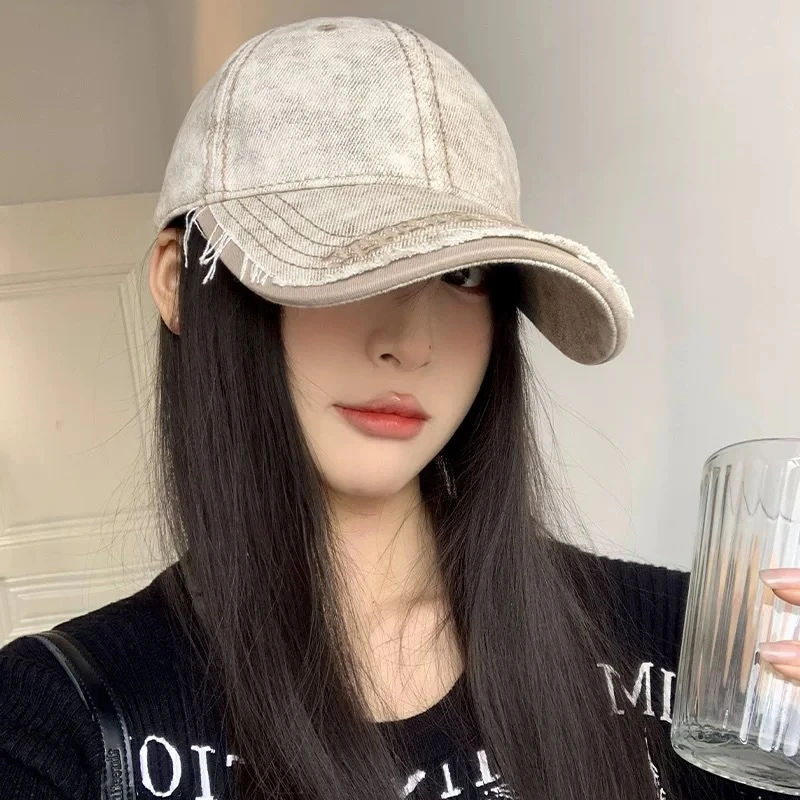 水洗牛仔做旧棒球帽女深顶宽帽檐大头围鸭舌帽韩版百搭显脸小帽子
