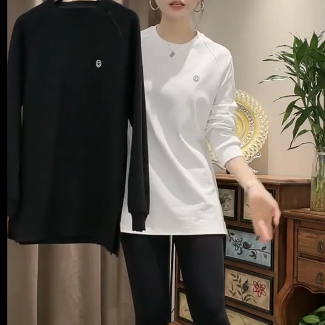 长袖柔软纯色中长款保暖刺绣T恤打底衫休闲简约中长款T恤女装上衣