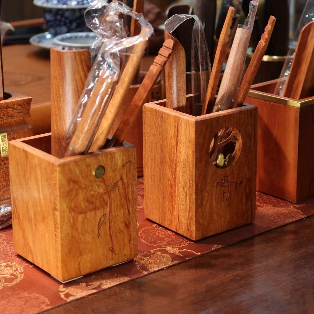 【泓璟】实木花梨木黑檀木四君子茶具套装茶桌必备茶筒茶刀