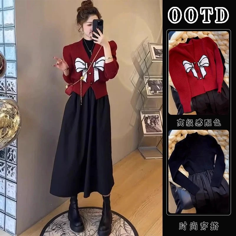 秋装搭配一整套微胖显瘦炸街网红爆款黑色长袖连衣裙高级感两件套