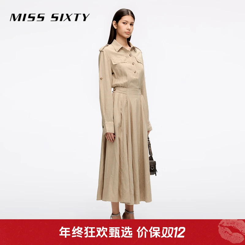 Miss Sixty25 新款长袖牛仔连衣裙女衬衫领A字流光风