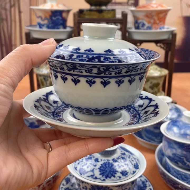 摆件陶青花宝相元宝盖碗