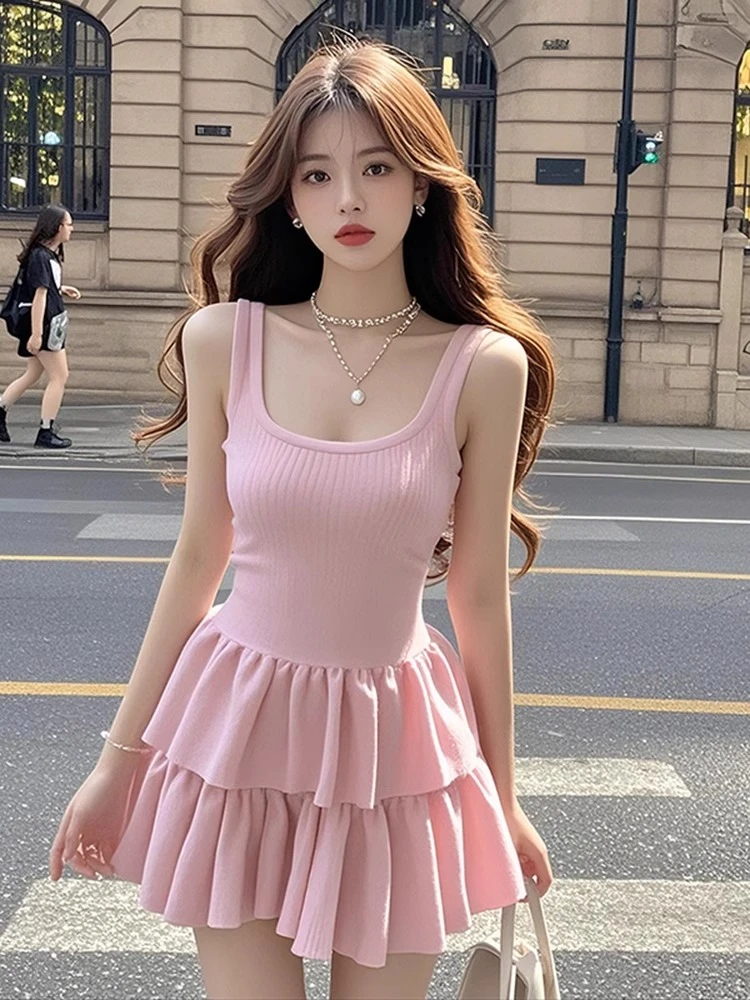【KEKE】粉色u领吊带针织蛋糕连衣裙女夏季显瘦纯欲风性感时尚短裙