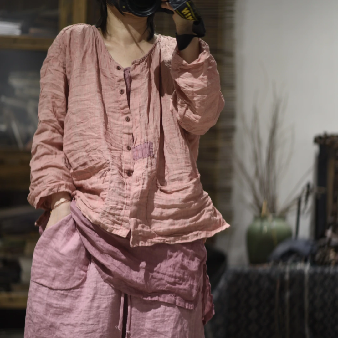 SN140色织亚麻手工缝线轻复古开衫春夏款