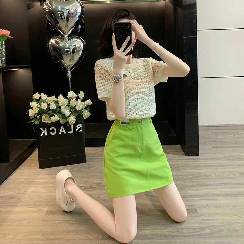 休闲套装女两件套短袖显瘦气质小个子洋气高腰时尚绿色夏季减龄