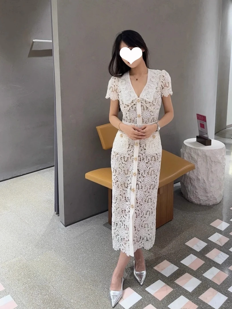 【CG-H】2025夏新款象牙白气质短袖收腰气质蕾丝连衣裙修身款中长裙
