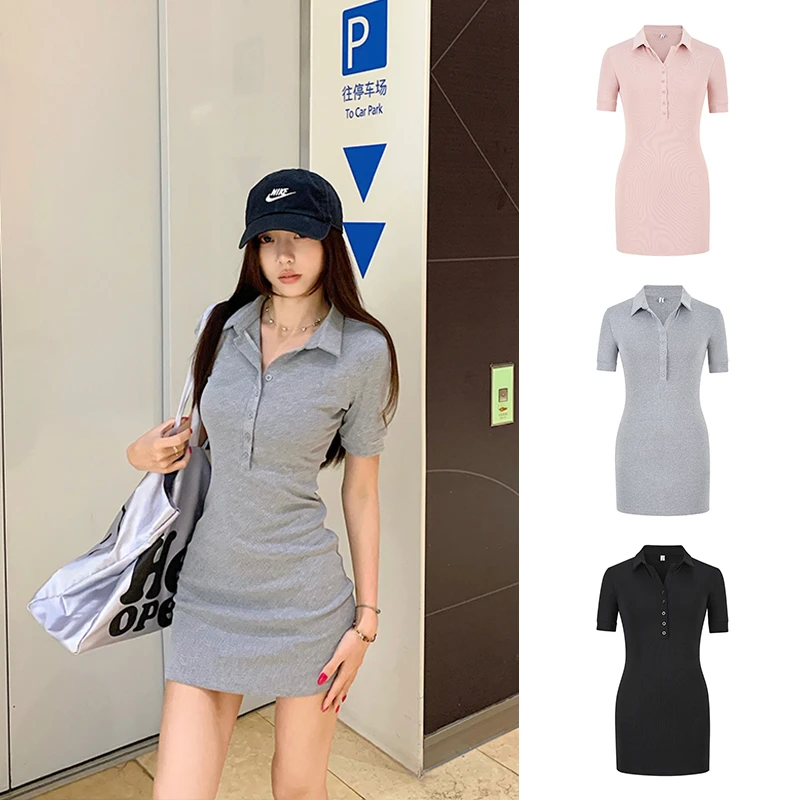 Moses Queen/魔西女王polo领短袖连衣裙女弹力修身收腰显瘦包臀裙