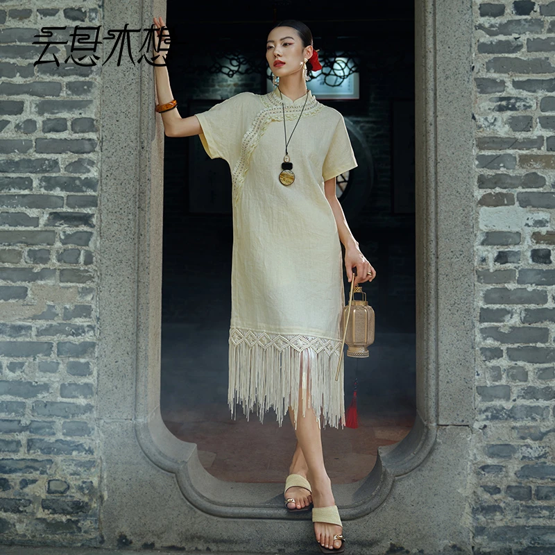 Ysimo-X云思木想 千水流云 100亚麻撞钉花边流苏裙摆连衣裙12906
