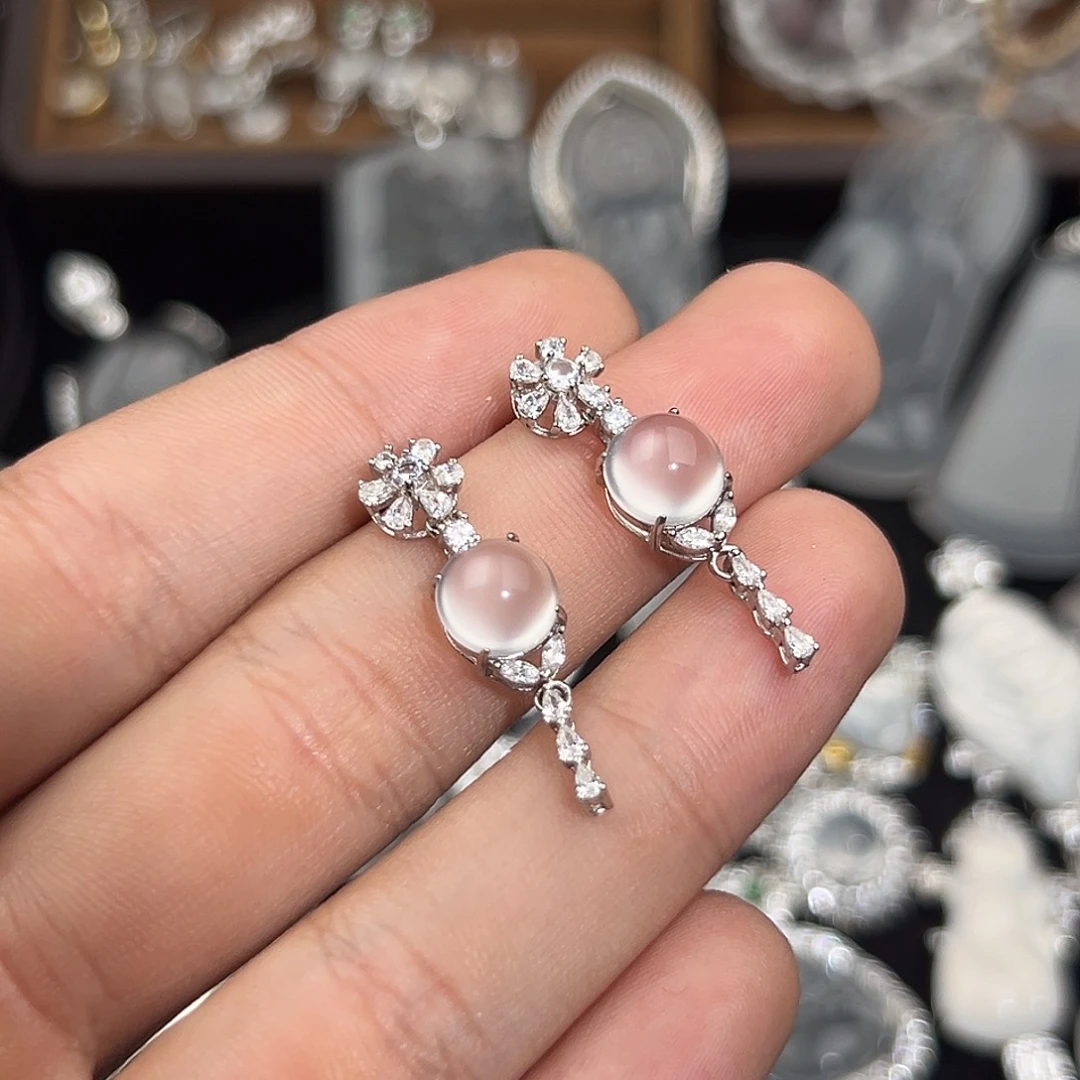 石英质玉银S925镀金镶嵌耳坠银花蛋面耳坠