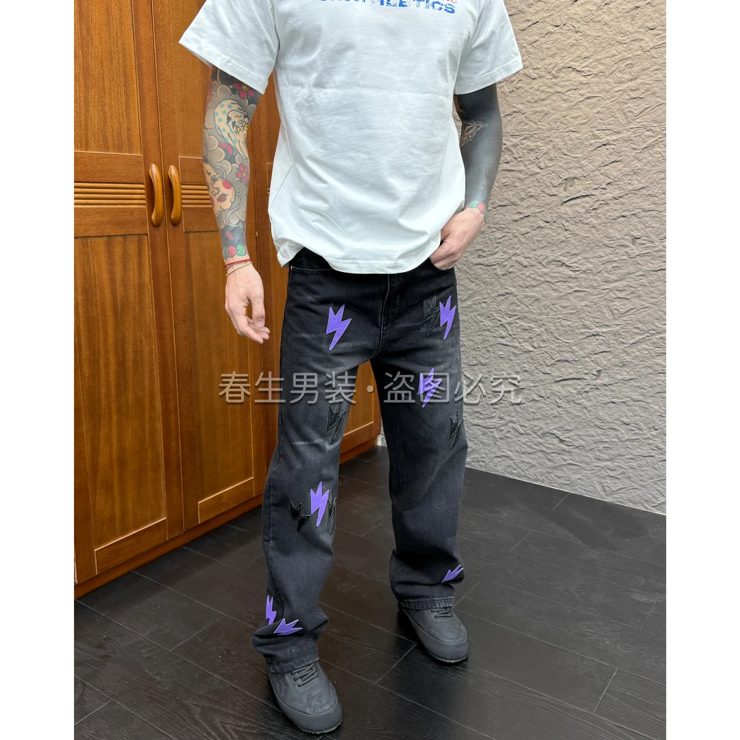 2025秋冬新品直筒宽松重工拼皮贴皮男士直筒牛仔裤1750