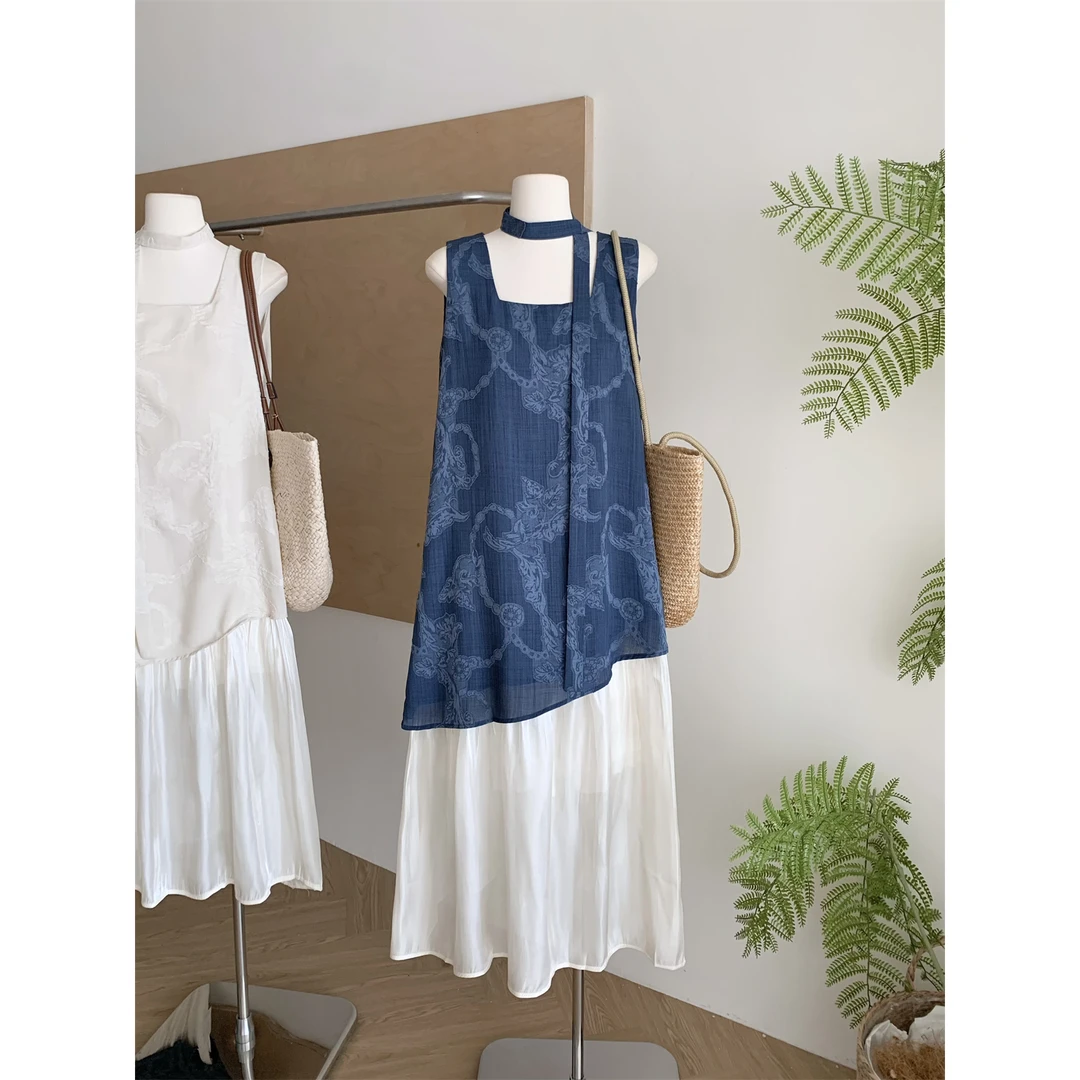 法式复古度假风休闲气质长裙女2025夏季新款别致显瘦背心连衣裙